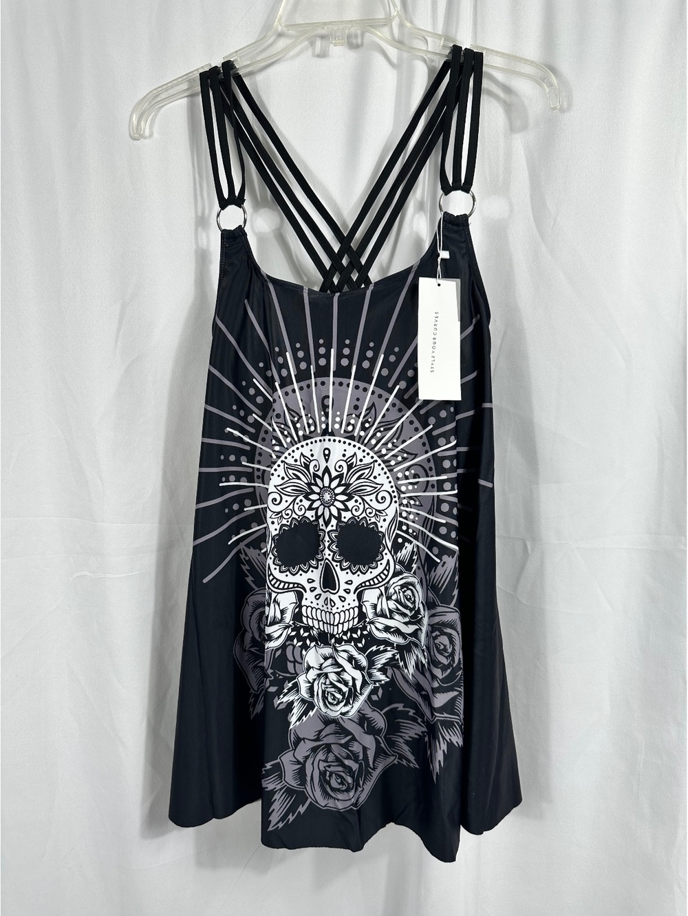 Rosegal Black Strappy Skull Print Tankini Top with Inner Lining Size Large